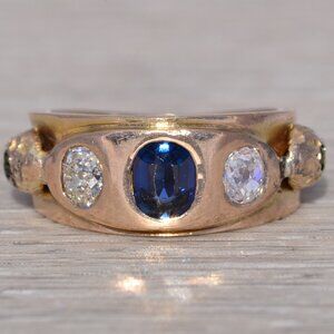 Sapphire, Natural Diamond, and Garnet Ring in Yellow Gold